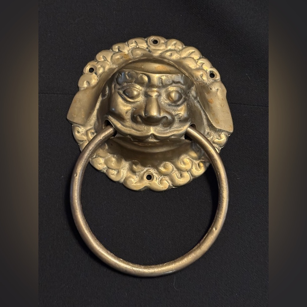 Antique 1970s Large Brass Metal Chinoiserie Dragon Foo Dog Door Knocker